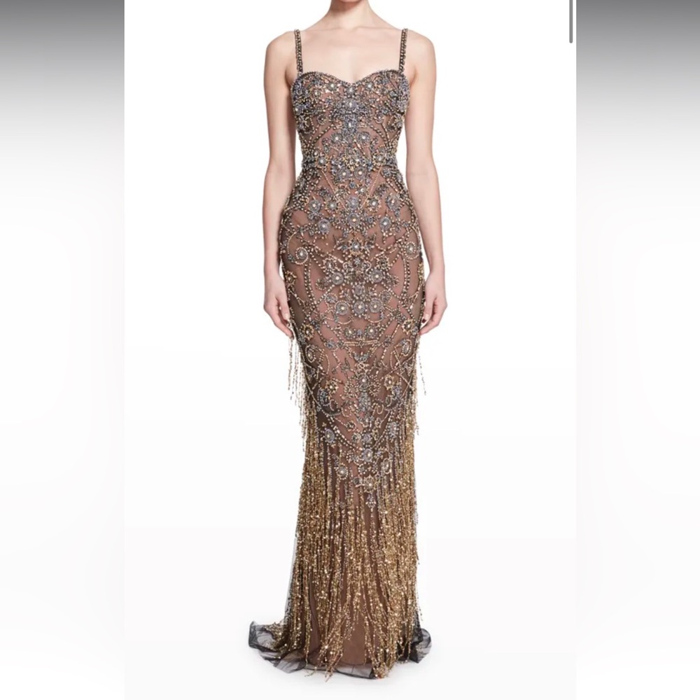 Marchesa Couture Icons Crystal Threadwork Gown Nude Beaded Evening Dress US 2